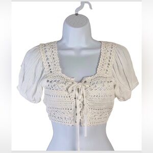 ILLA ILLA Ivory Winslet Crochet Lace Up Smocked Crop Top Sz S